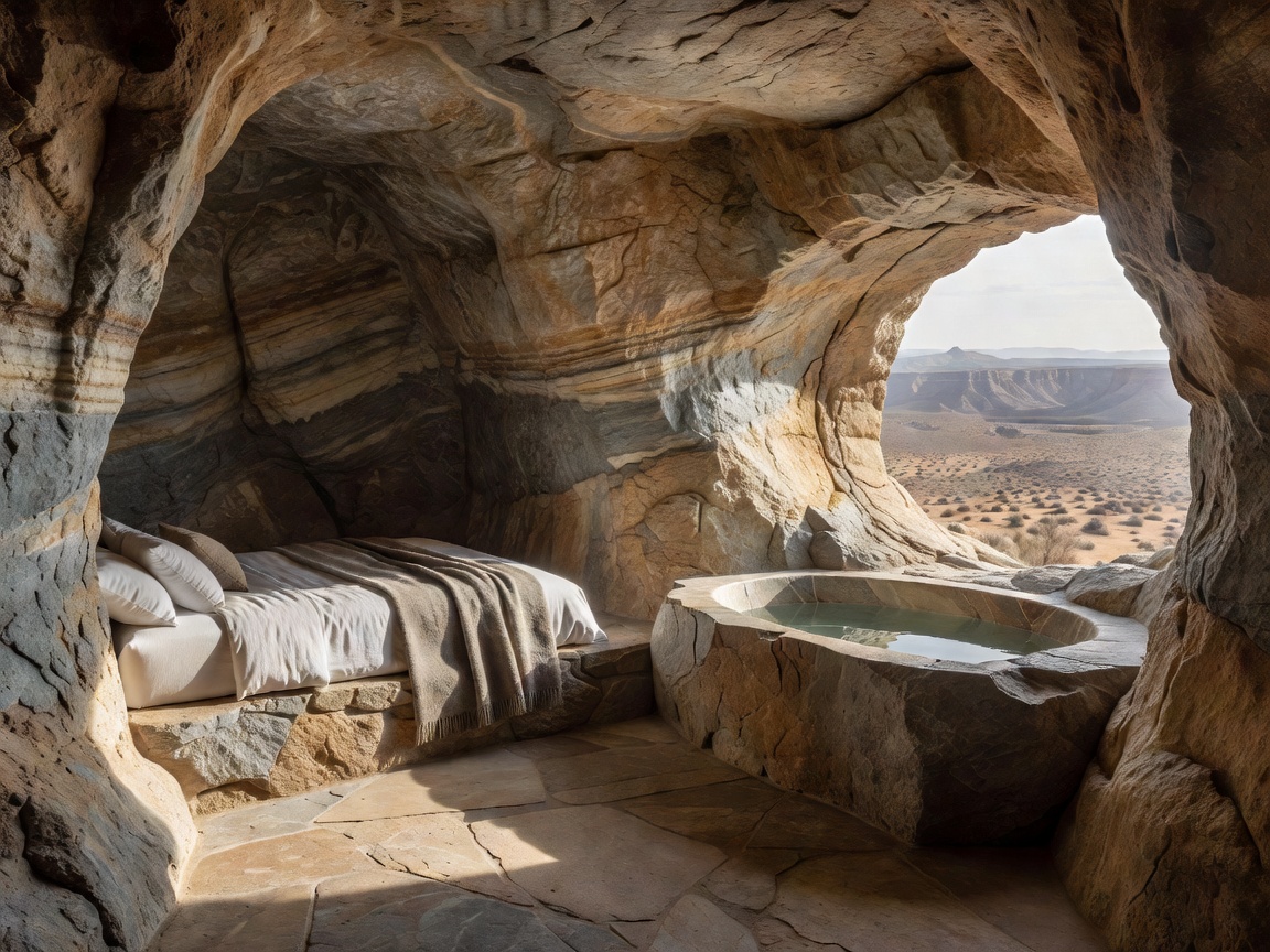 Historic stone cave suite illuminated with soft warm interior lighting