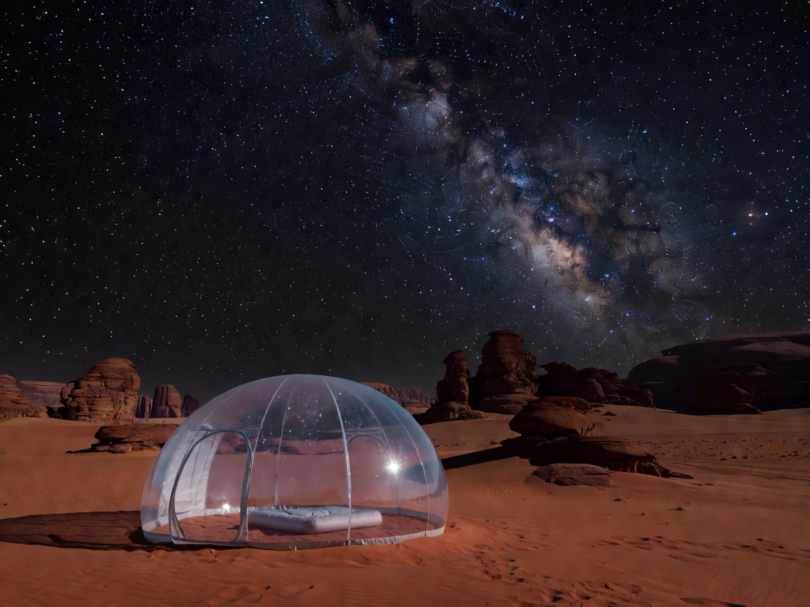 Clear acrylic bubble tent dome under deep starry night sky in Wadi Rum desert