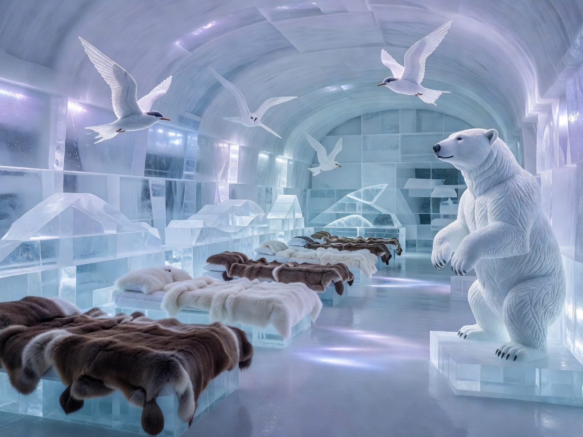 Ice hotel interior with ice carved sculptures and fur-covered ice beds