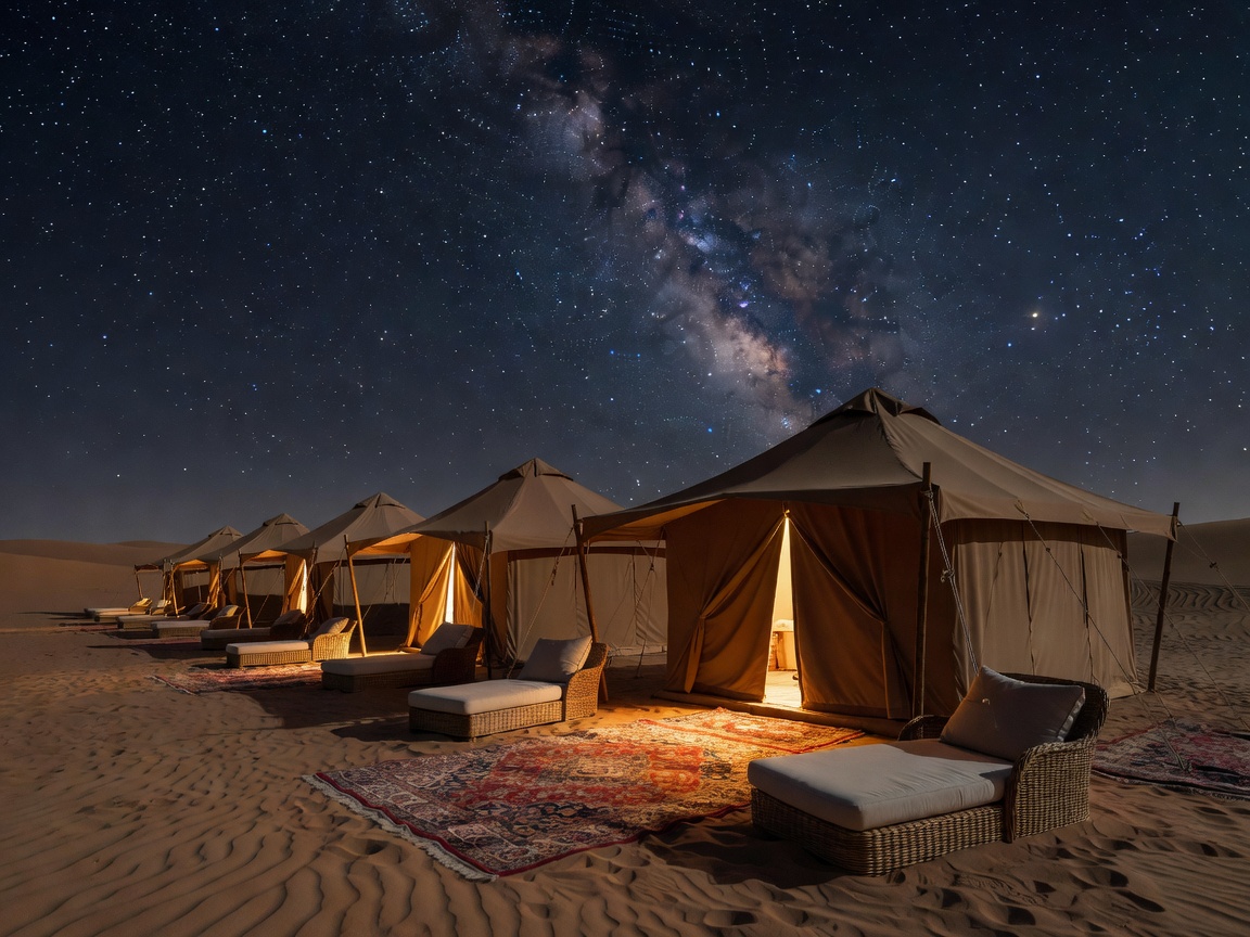 Luxury desert tents under open night sky