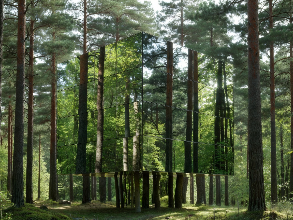 Mirrorcube reflecting surrounding green Swedish pine forest