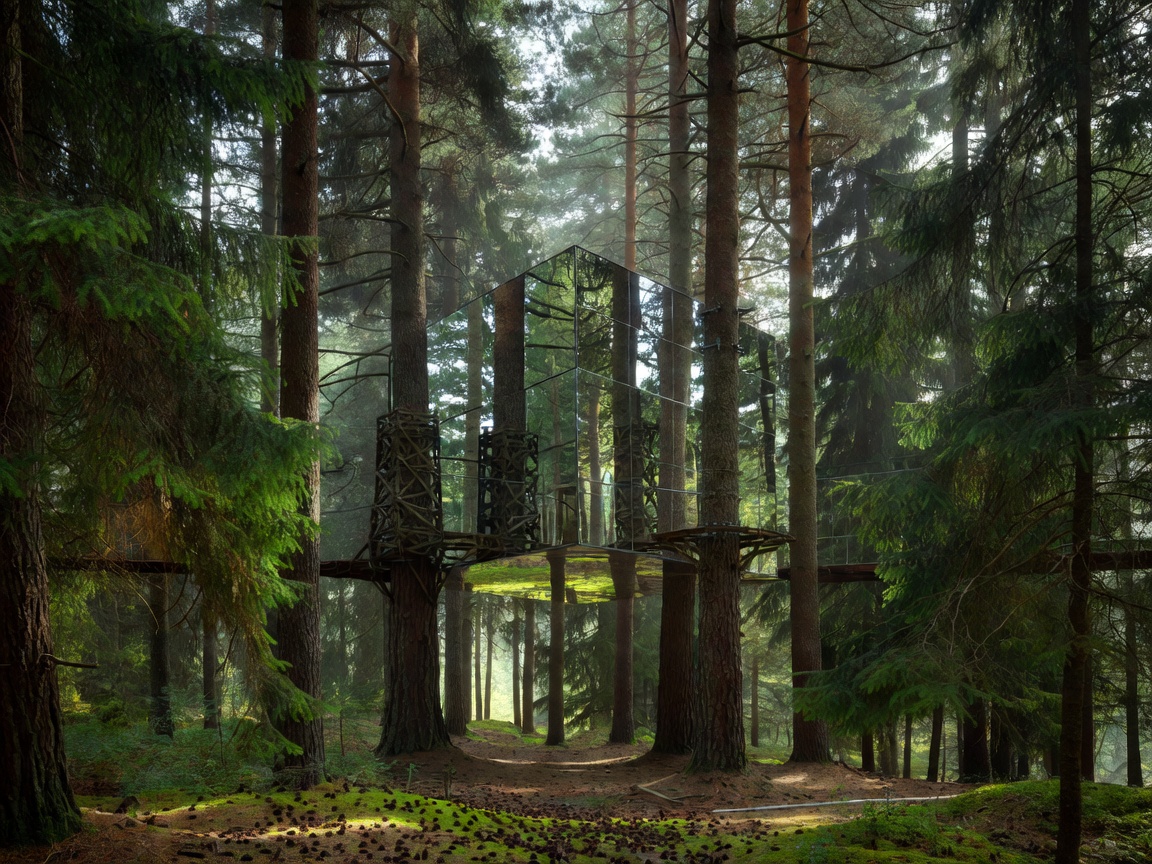 Mirrorcube treehouse reflecting surrounding Swedish forest trees