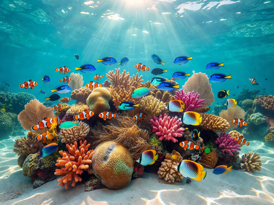 Ocean floor view with vibrant coral reef fish swimming around submerged window
