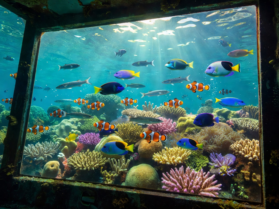 Submerged glass window underwater with tropical reef fish swimming past