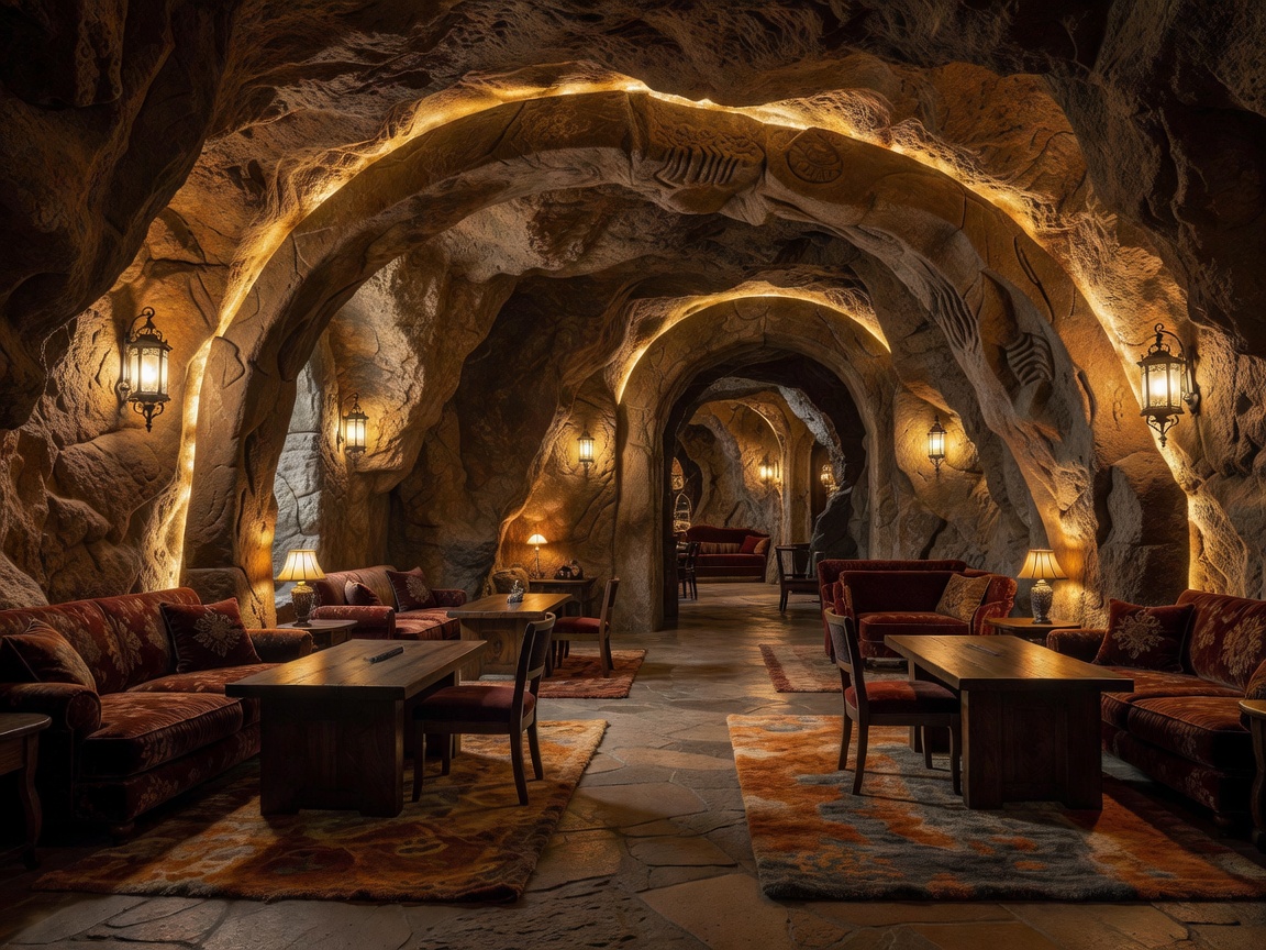 Subterranean cave hotel interior with warm lighting and stone carved walls