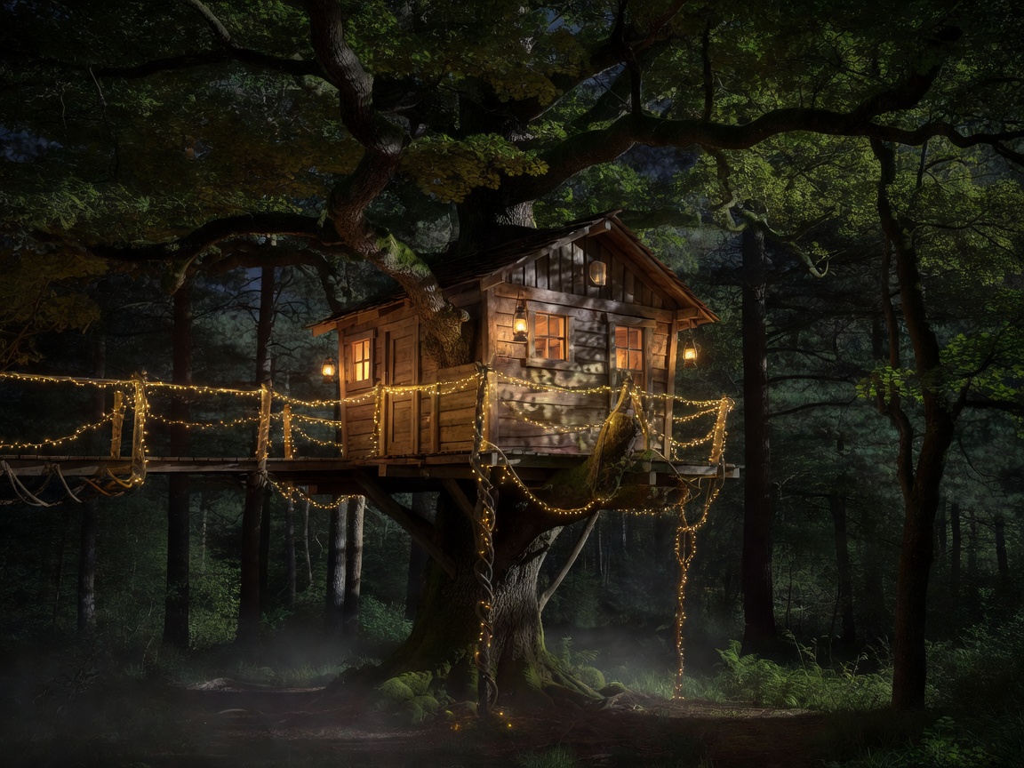 Treehouse illuminated in forest at night