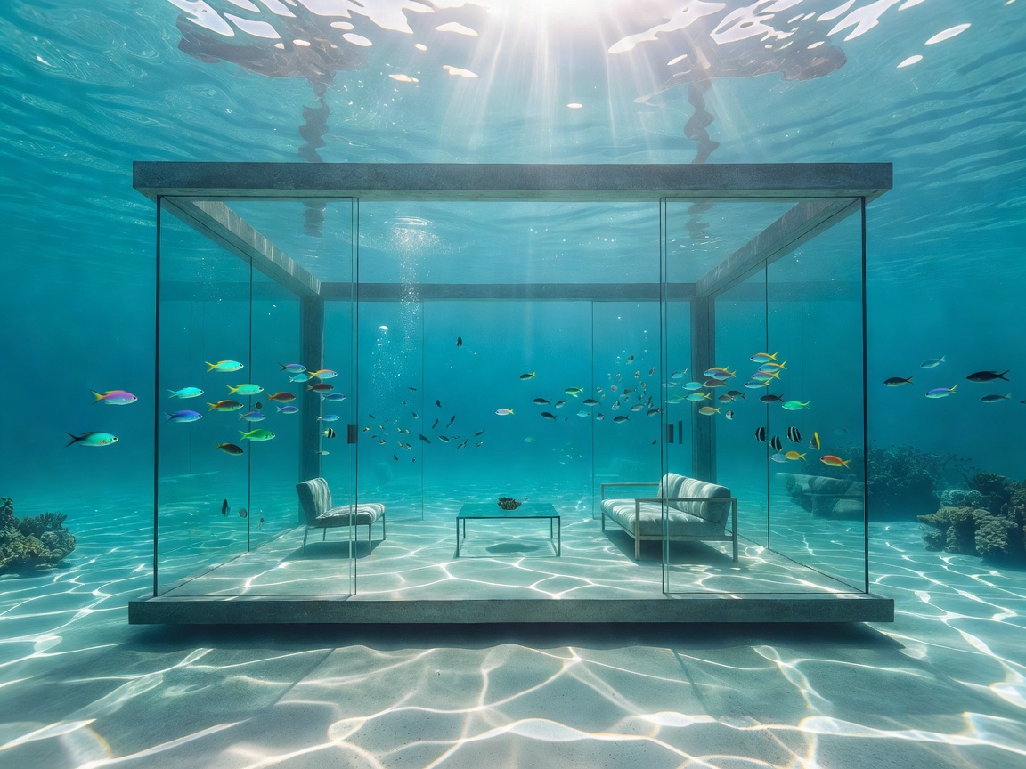 Submerged bedroom with marine life swimming past large glass windows